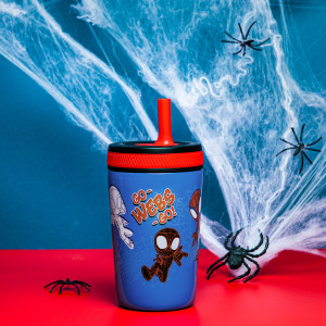 Kids&amp;#39; straw tumbler featuring Marvel&amp;#39;s Spidey and His Amazing Friends with spiderweb background