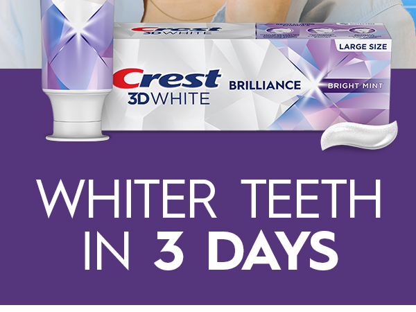 Happy woman brushing her teeth with Crest 3DWhite. Whiter Teeth in 3 Days.
