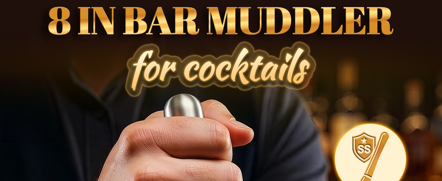 muddler for cocktails banner showing stainless steel tool for home and bar use