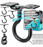 [UPGRADED] 4Pcs 200LBS Rotatable Ceiling Hooks with 4 Screw Points Base, Wall Mount Metal Hanger ...