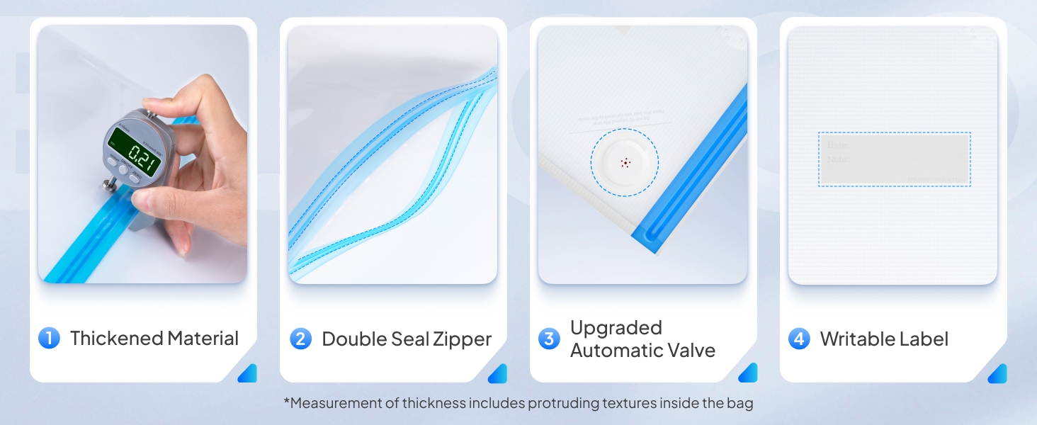Thickened Material;Double Seal Zipper;Upgraded Automatic Valve;Writable Label