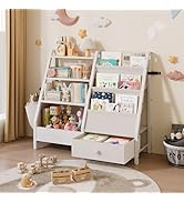 Kids Bookshelf and Toy Storage Organizer, Kids Bookcase Montessori 3 Tier Baby Toddler Sling Book...