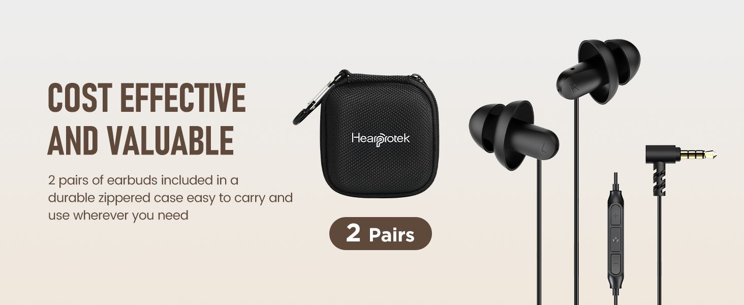 2 pairs of earbuds with a durable zippered case