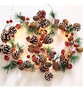 RECUTMS Pine Cone String Lights 6.5 FT Red Berries Pinecone Christmas Garland 20 LED Battery Oper...