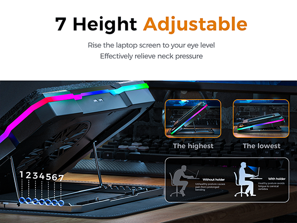 7 heights adjustment for laptop fan cooling