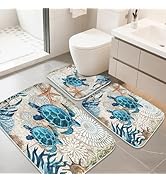 Final Friday Nautical Sea Turtles Blue Ocean Beach Bathroom Rugs and Mats Sets 3 Piece, Memory Fo...