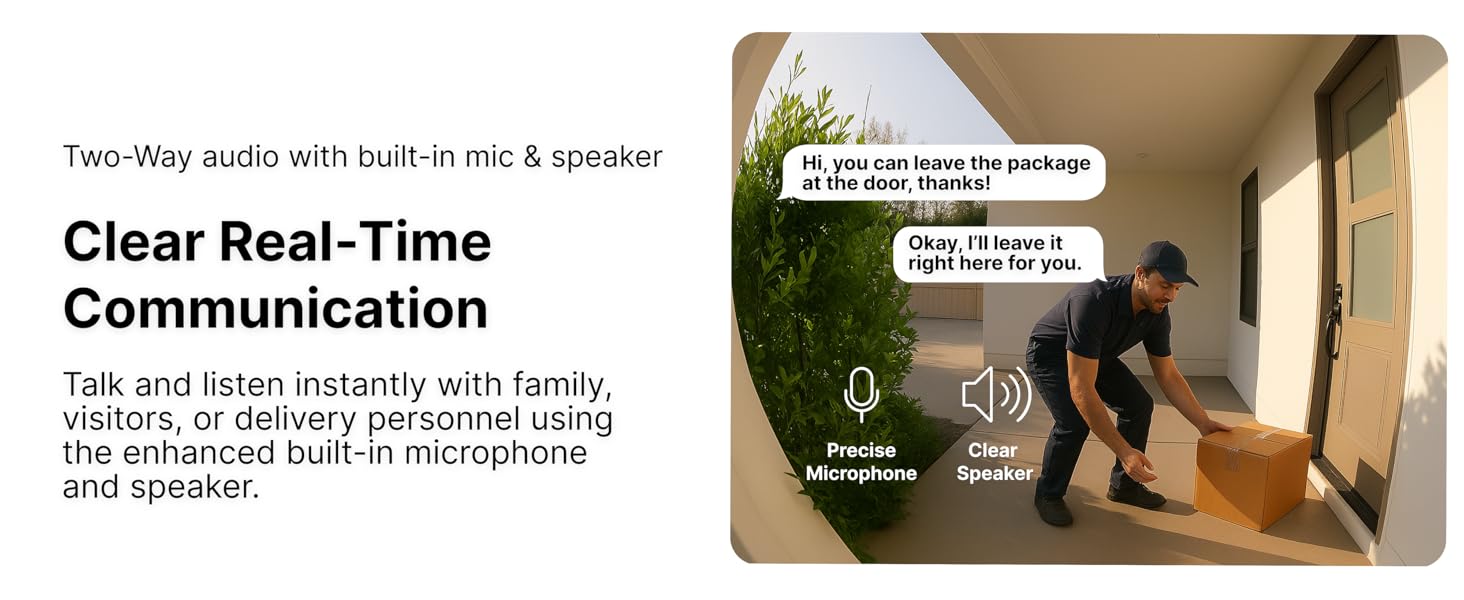 Two-way audio lets homeowner talk with delivery person via built-in mic and speaker in real time.