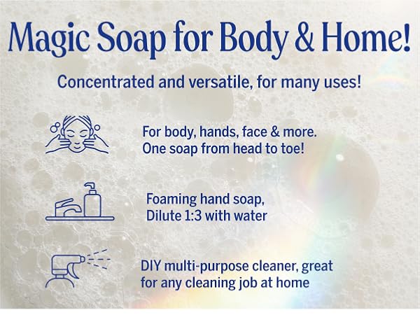 Magic soap for everyone and everyday use. Versatile, cleanses head to toe, multi-purpose cleaner