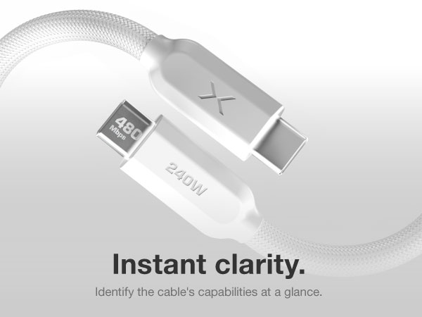 Laser-etched wattage and data icons for easy identification of USB C cable performance