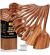 Wooden Spoons for Cooking, 10PCS Teak Wood Cookware Utensil Set with Hooks - Smooth Finish, Non-S...