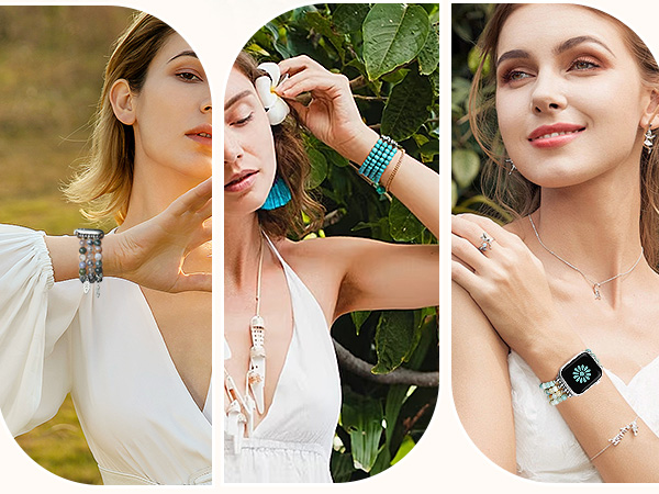 Natural Stone Bracelet Beaded Apple Watch Bands for Women Feminine Handmade Elastic Stretch Strap