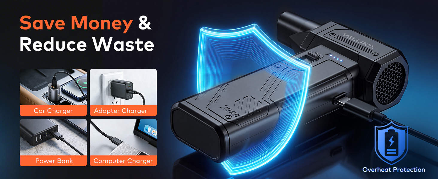 electric air duster with car, adapter, power bank,computer charging options and overheat protection