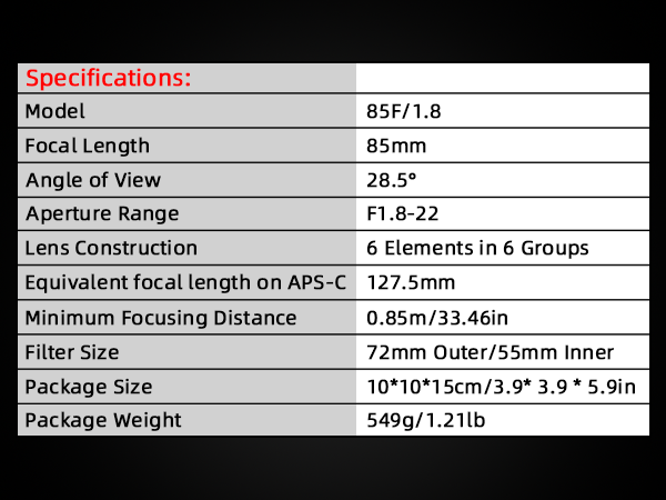 Lightdow 85mm F1.8 Medium Telephoto Manual Focus Full Frame Portrait Lens