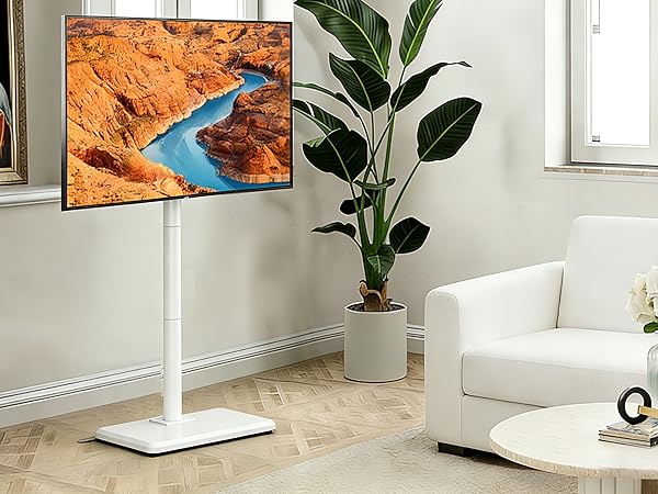 Modern living room setup with wall-mounted flat screen TV displaying canyon landscape, white seating, and potted plant against light walls with herringbone flooring.