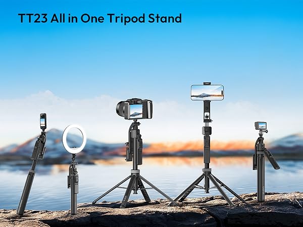 Text reads 'TT23 All in One Tripod Stand'. Multiple product shots showing various configurations of a camera tripod against scenic outdoor backgrounds including sunset and mountain views.