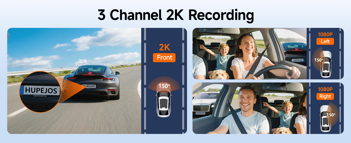 Text reads '3 Channel 2K Recording'. Multiple screens showing dashboard camera footage and interface displays for vehicle recording system.