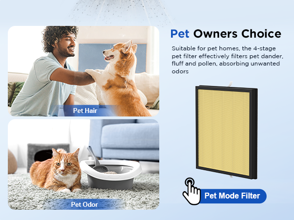HEPA air purifier in living room with cat nearby, capturing pet hair, dander and odor for home
