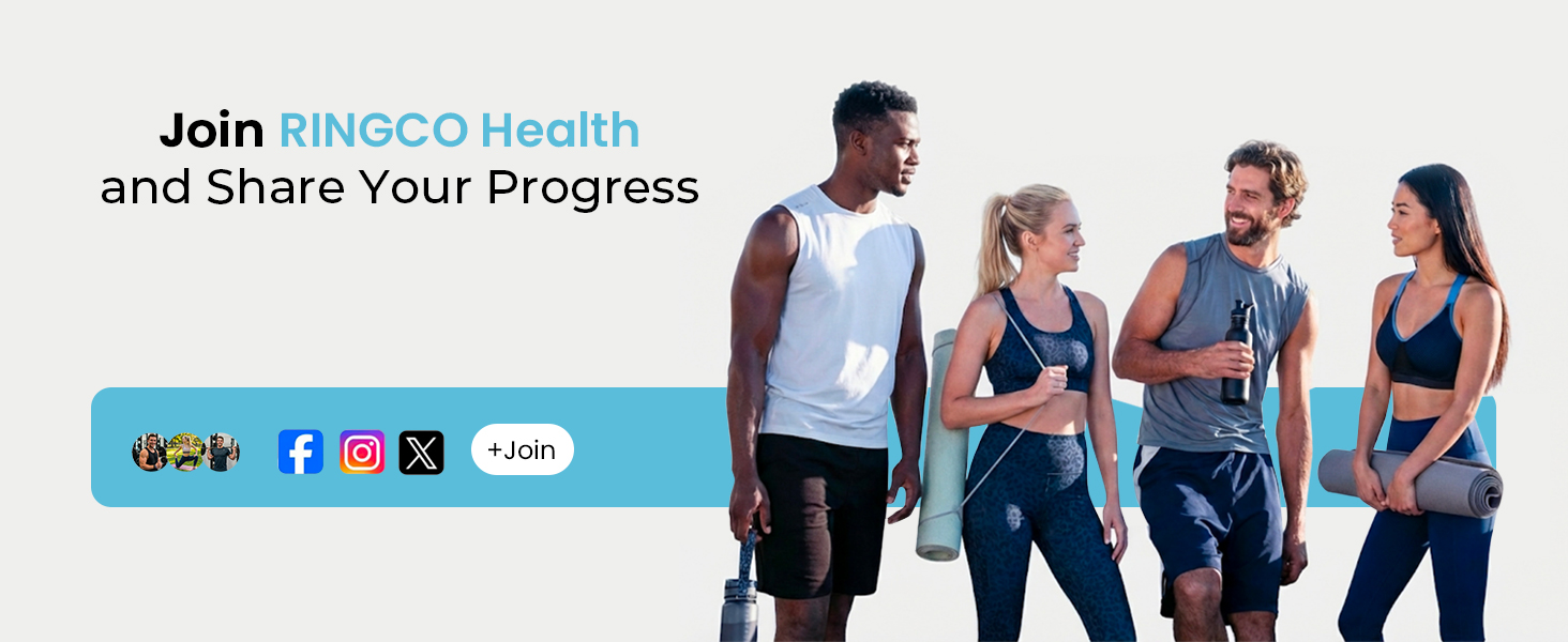 Four fitness enthusiasts chat, sharing workout progress via Ringco Health.