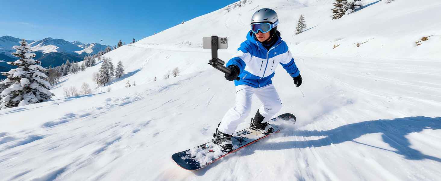Sequential action shots of a skier in blue winter gear performing jumps and maneuvers in snowy conditions