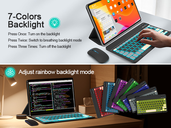 Text reads 'Backlight' and '7-Colors'. Shows keyboard with RGB backlight settings and multiple color options displayed.