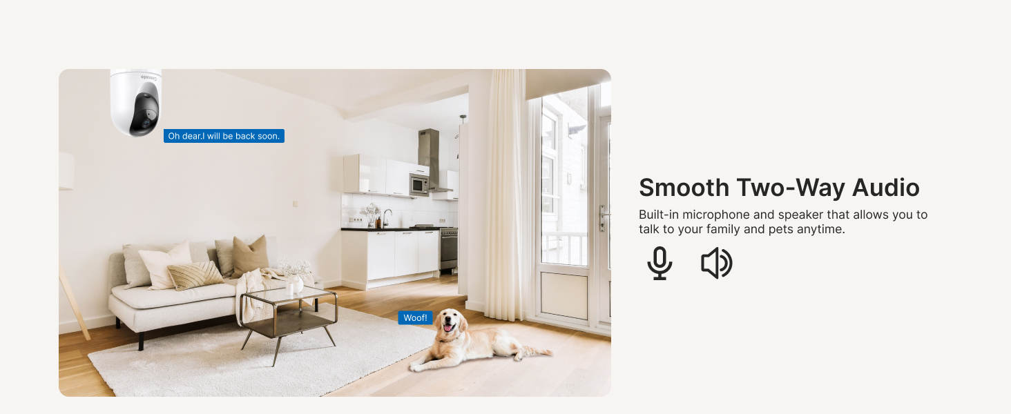 Security camera interface showing living room view with two-way audio feature indicator, displaying modern furniture and white walls.