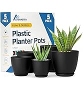 Lifemaster Plant Pots with Multi Drainage Holes - 5 Pieces Versatile, Sturdy Plastic, Stackable D...