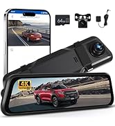 4K Mirror Dash Cam Backup Camera for Car, GPS, ADAS BSD, WiFi &amp; App Control, Front and Rear View ...