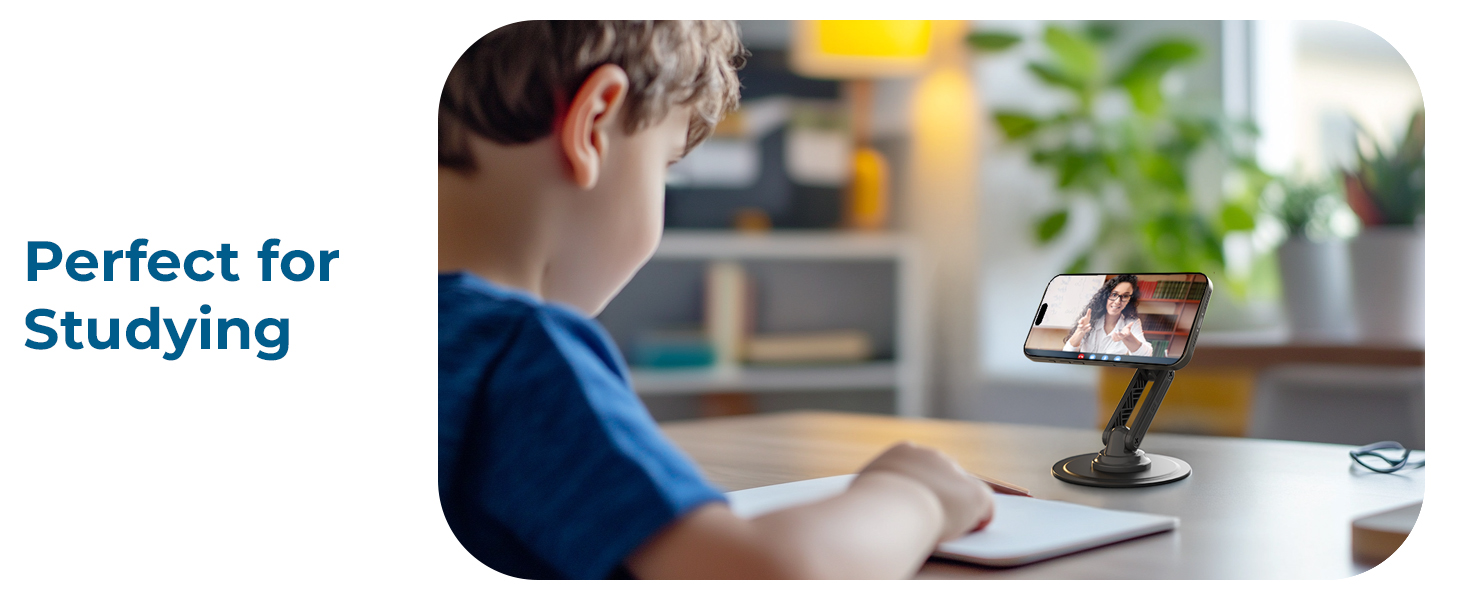 Kid studying with iPhone 17 Pro Max stand, stable phone mount for desk for learning and calls