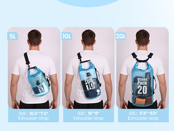 TILYMOL dry bags come in three sizes to meet different needs for kayaking, beach, camping
