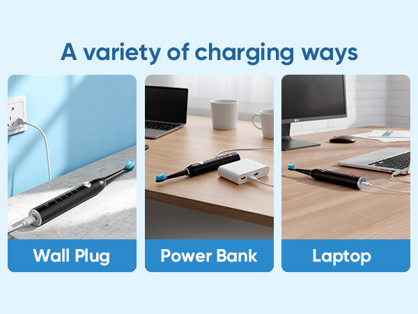 Text reads: 'A variety of charging ways', 'Wall Plug', 'Power Bank', 'Laptop'. Series of images showing different charging methods for a device, demonstrated with connecting cables.