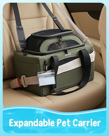 Text reads 'Expandable Pet Carrier'. Olive-green and black soft-sided pet carrier with expandable compartments, shoulder straps, front zippered pocket, and carrying handles on a beige car seat.