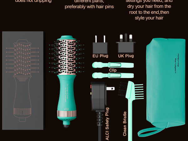 Dual Voltage Hair Dryer Brush With two clips/ ALCI SAFETY PLUG/Clean Bristle &amp;amp;amp; Storage Bag