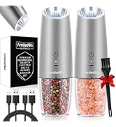 AmuseWit Gravity Electric Salt and Pepper Grinder Set [White Light] USB Rechargeable Automatic Pe...