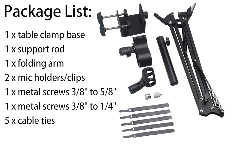 Package list for a microphone stand kit, including table clamp base, support rod, folding arm, mic holders, metal screws, and cable ties.