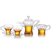 DOPUDO Complete Tea Set - Glass Teapot (17 oz), Loose Tea Glass Infuser, 2 Glass Cups with Saucer...