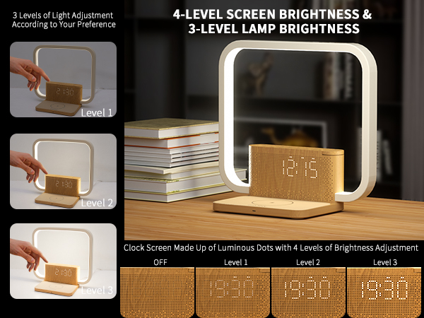 Modern desk lamp with square frame design. Features adjustable brightness levels for both screen and lamp. Includes digital clock display.