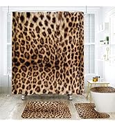 Onalasyc 4PCS Leopard Print Shower Curtain Set, with Carpet and Accessories, Black Brown Wildlife...