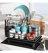 JASIWAY 2 Tier Black Large Stainless Steel Dish Drainers Drying Rack for Kitchen Counter with Dra...