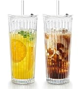 Puraville 2 Pack 18oz Glass Cups with Lids and Straws, Vintage Ribbed Striped Thickened Glassware...