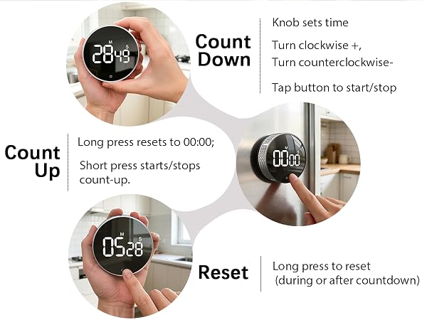 Quick easy to adjust a time only by outer ring, touch button to start/stop time countdown countup