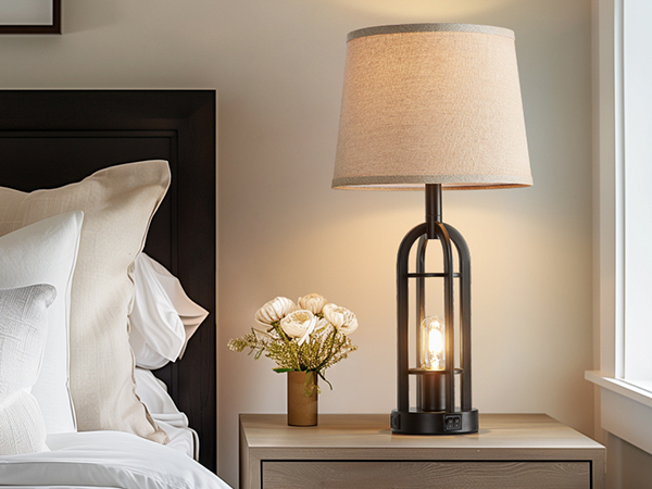 Black Table Lamps for Living Room Set of 2 Retro Farmhouse Nightstand Lamps with USB A+C Ports