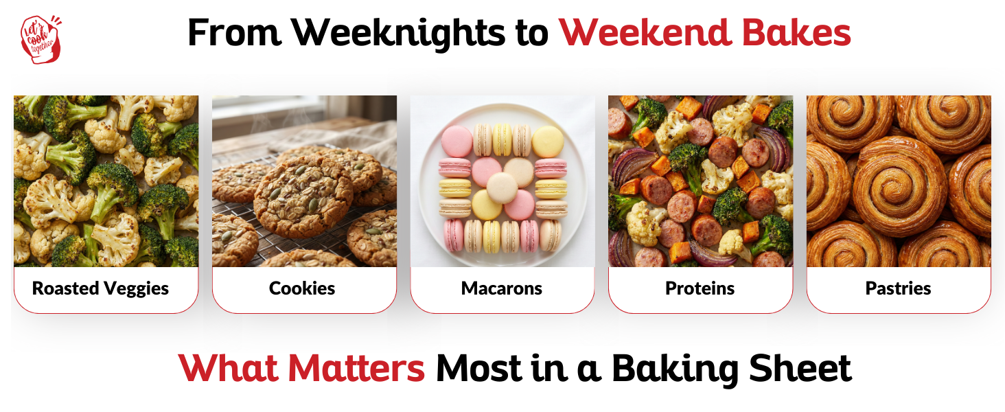 Baking sheet uses shown: roasted veggies, cookies, macarons, proteins, pastries