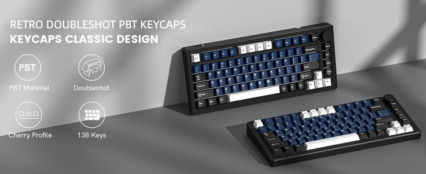 Double Shot PBT keycaps, Cherry Profile Keyboard Key cap, black blue white Custom keycaps 75 Percent