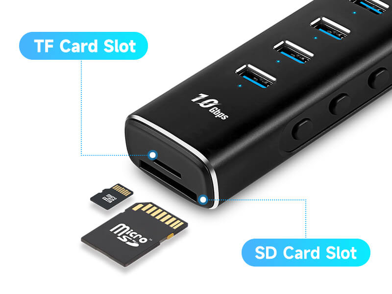 Black USB hub device with multiple USB 3.0 ports, featuring SD and TF card slots, with memory cards shown for scale.