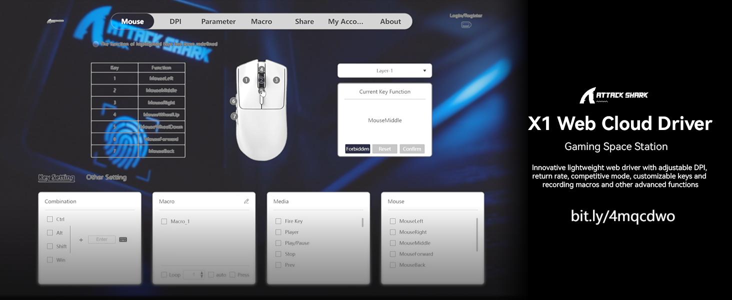 ATTACK SHARK Ultralight Tri Mode Gaming Mouse X1 with Web Driver