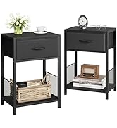 YAUKOMEL Black Nightstand Set of 2,End Table with Fabric Drawer,Side Table Set of 2,Storage Shelf...