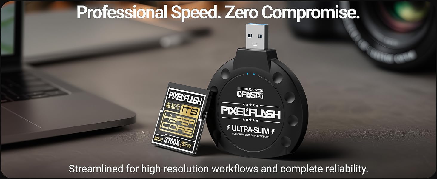 Black PixelFlash Classic USB CFast reader adapter for pro speed, zero compromise reliability