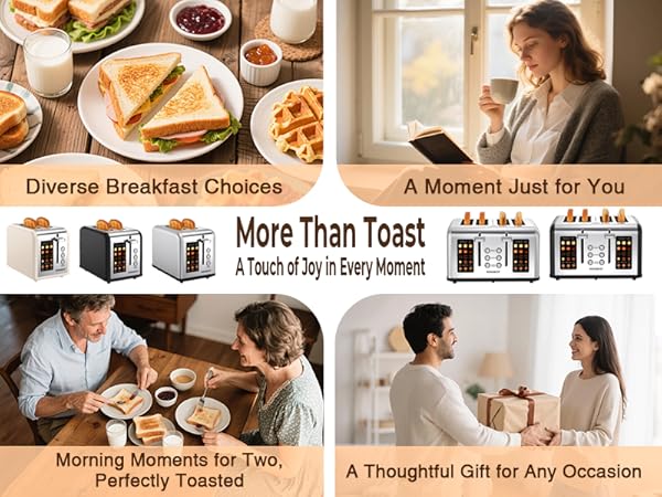 Touchscreen toaster used for breakfast, relaxing, sharing, and gifting.