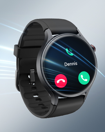 Smartwatch with round black face and black strap. Screen displays incoming call interface with options to accept or decline a call from 'Dennis'.