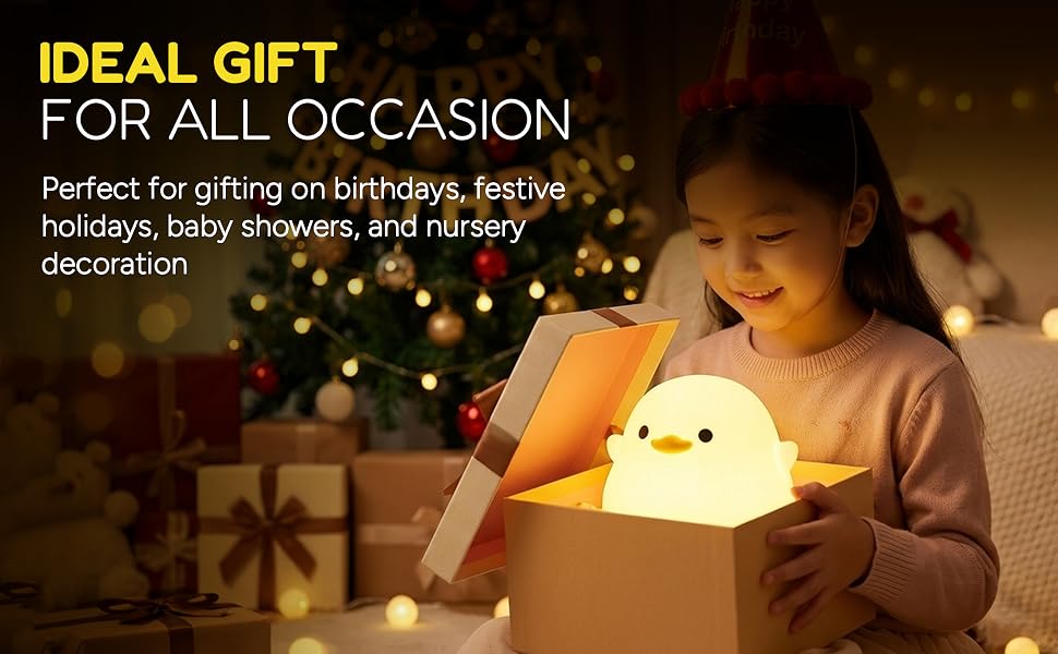 Child opening a gift box with a glowing duck night light inside.